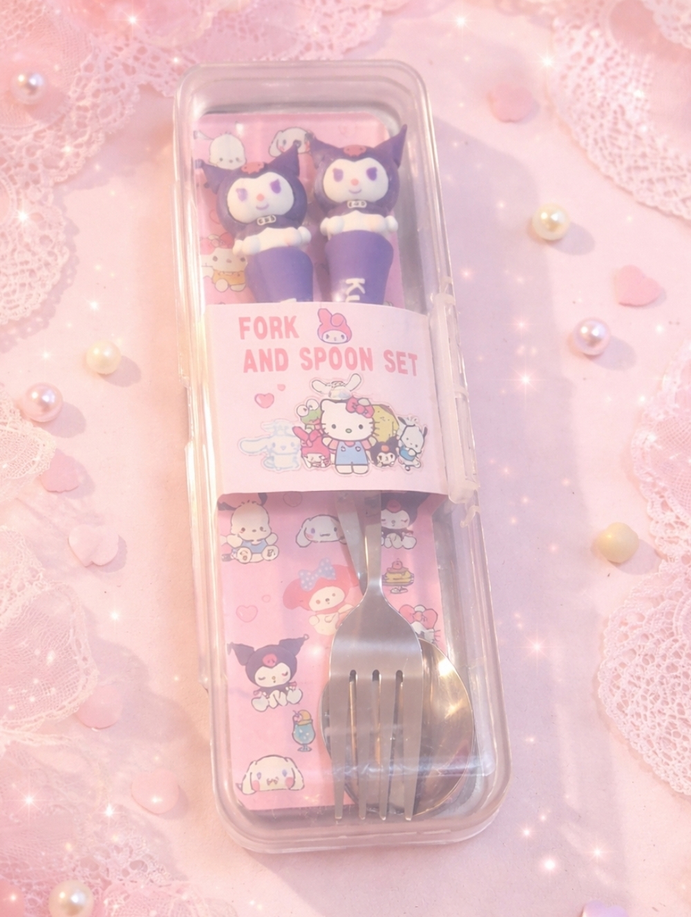 Purple Fork and Spoon Set with Cute Characters